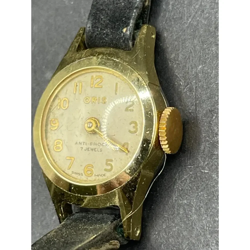 Vintage Oris Anti Shock 7 Jewels Gold Tone Watch Black Leather Band 17MM